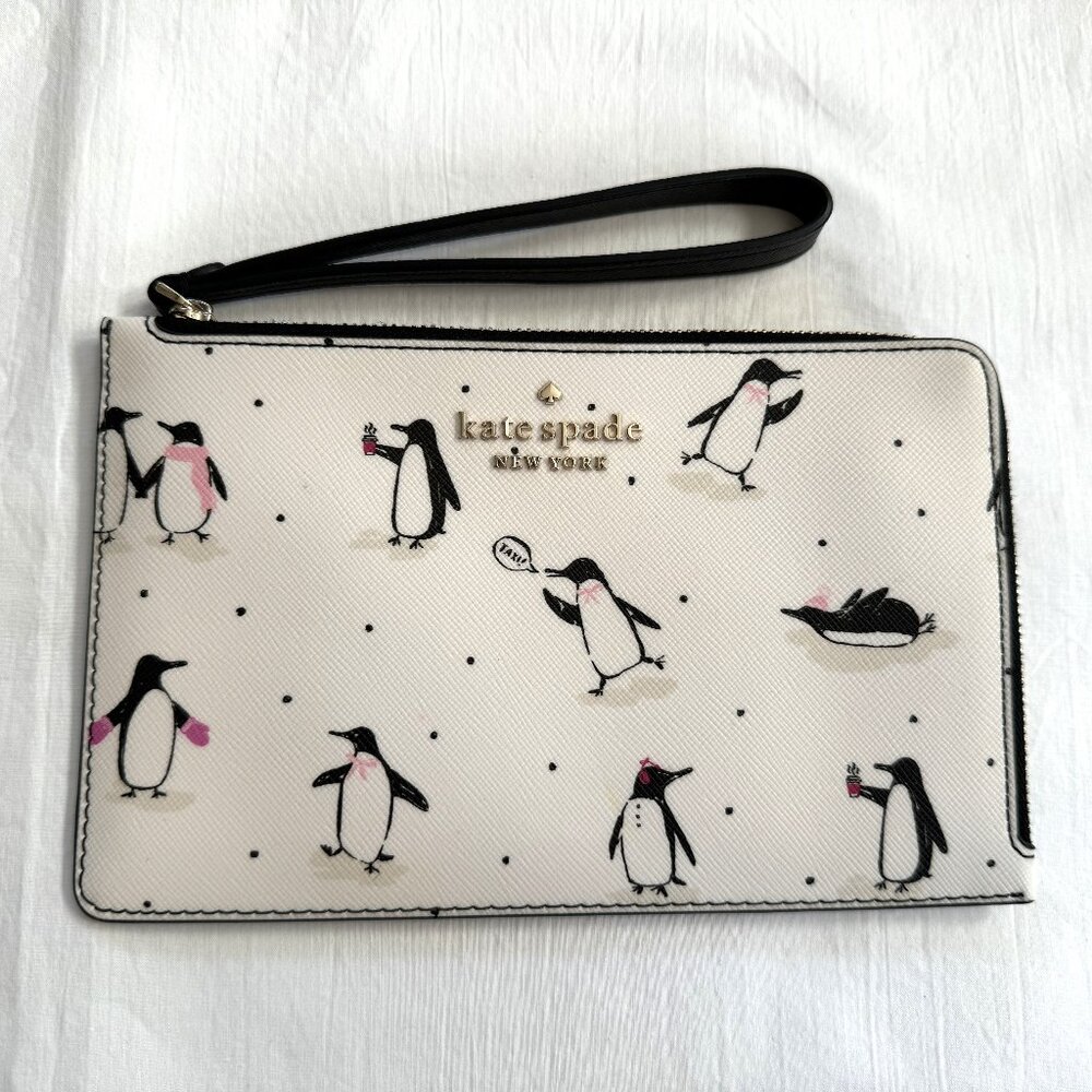 Kate Spade STACI Festive Penguins Printed Medium Wristlet L Zip Zipper